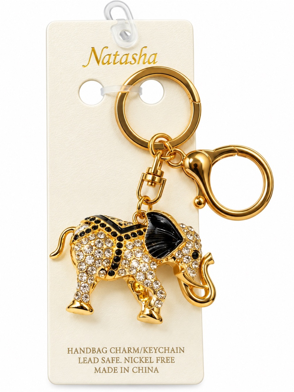 Natasha Gold Elephant Rhinestone Handbag Charm Keychain Black Enamel Crystal